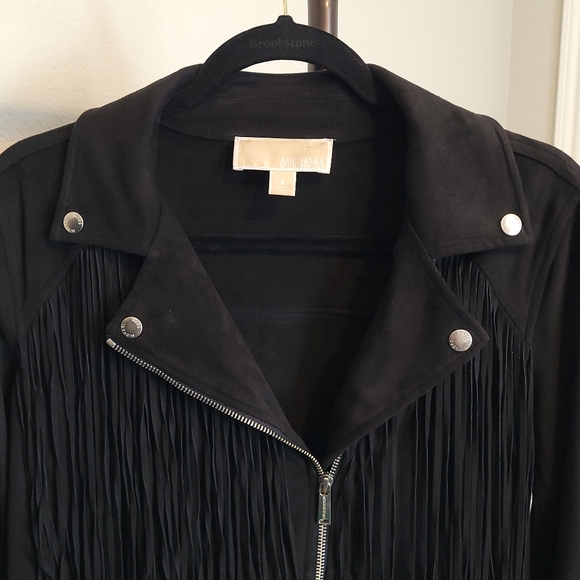 Michael Kors Black Faux Suede Fringe Moto Zip Jacket Women's Medium Size 8 - Picture 2 of 12